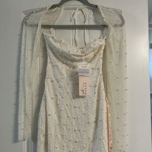 NWT Oh Polly MILAN  Long Sleeve Embellished Corset Mini Dress Ivory Size 4